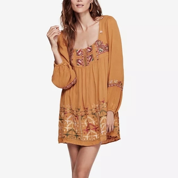 Free People Rhiannon Mustard Embroidered Mini Dress Boho - Sz Small - Picture 15 of 15